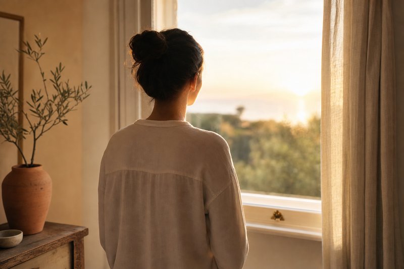 A person standing at a sunlit window, looking toward a hopeful sunrise.